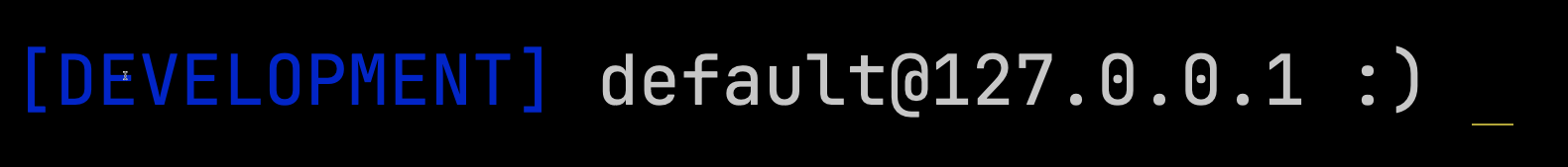 ClickHouse client prompt with development connection using YAML