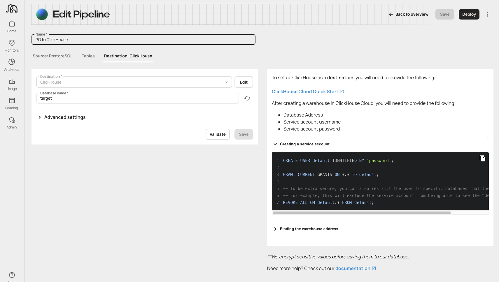 Интерфейс редактирования пайплайна Artie