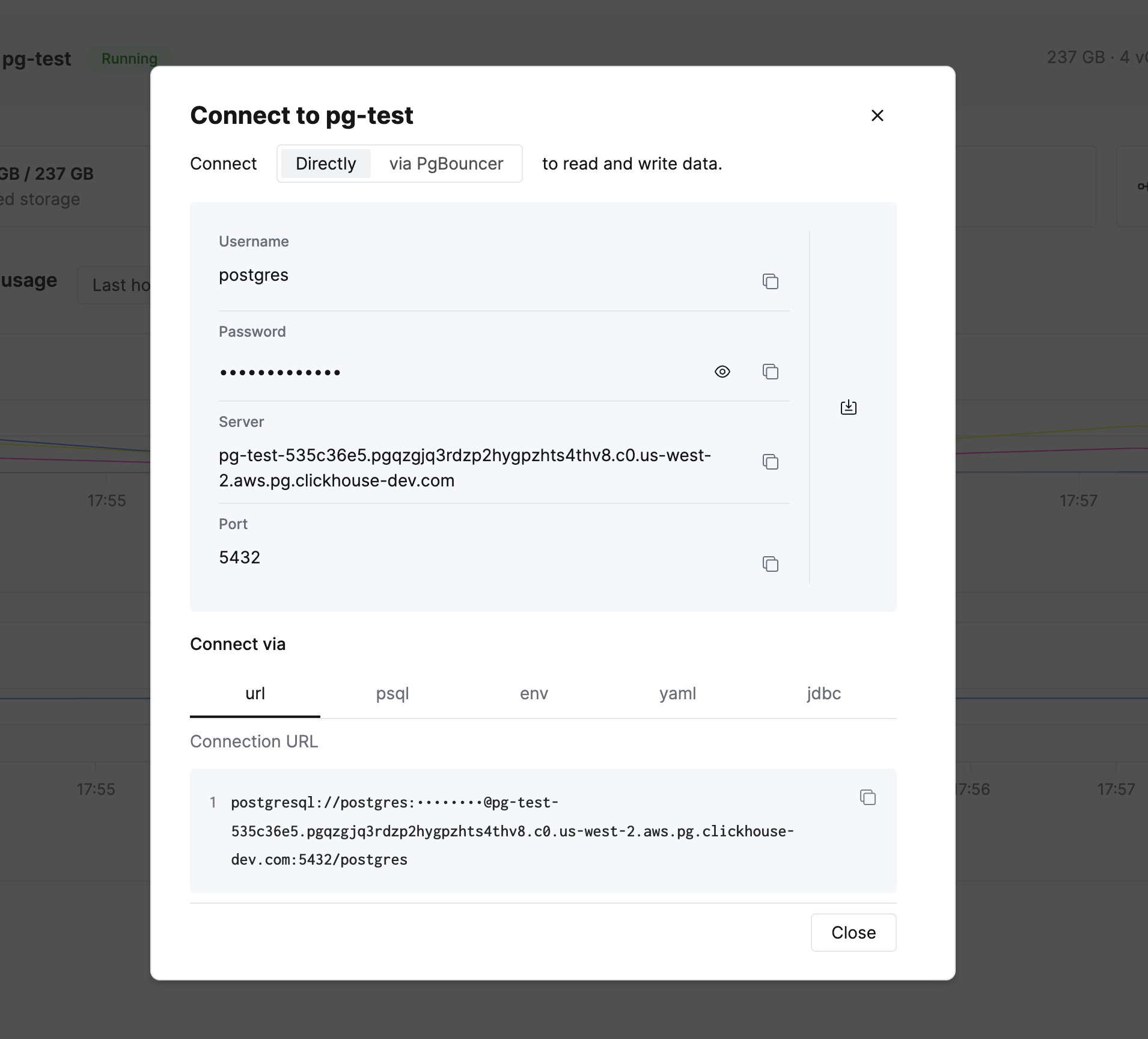 Модальное окно подключения с учетными данными и форматами строк подключения